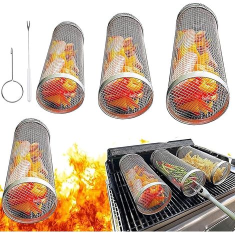 Set Aus 3 Fahrbaren Grillkörben, Grillkorb Aus Edelstahl, Grillzubehör Für Den Außenbereich, Grillkäfig Geeignet Für Grillabende Im Freien, Camping Und Picknicks