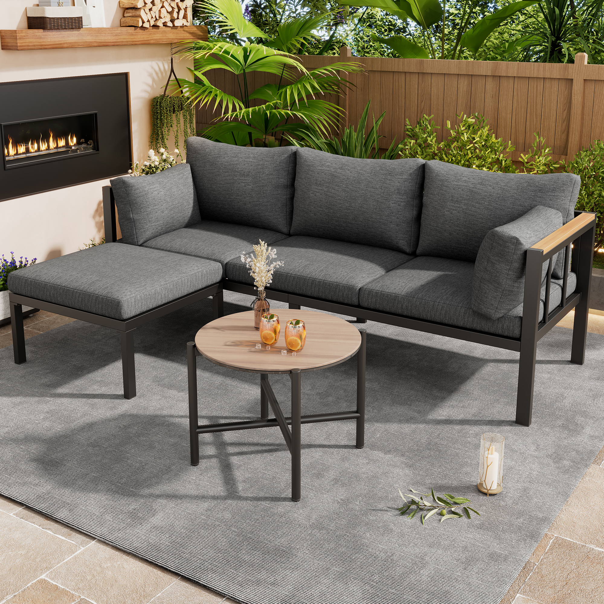 Gartenmöbel-set – Aus Polyester, Eckästhetik: Sofa +, Komfort-upgrade: Breiter , Glastischplatte: Die Holzgemaserte, Verzinktes Stahlrohr