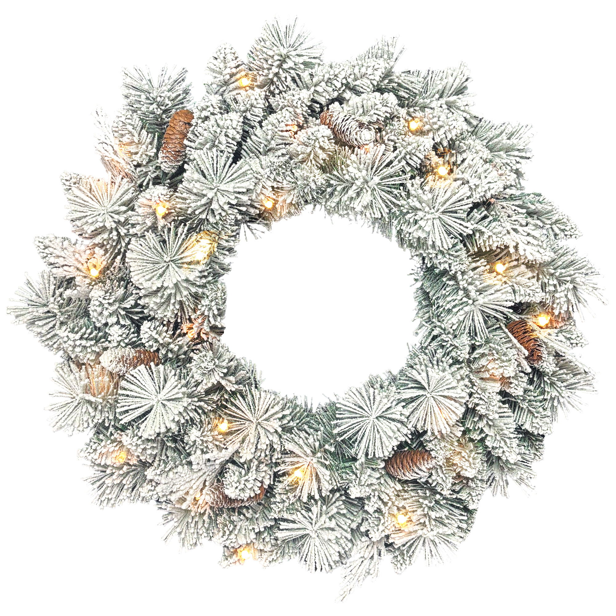 60 Cm Großer, Beleuchteter Weihnachtskranz Mit 35 Warmweißen Leds, Timer, 98 Zweigen, Tannenzapfen, Grün Und Weiß