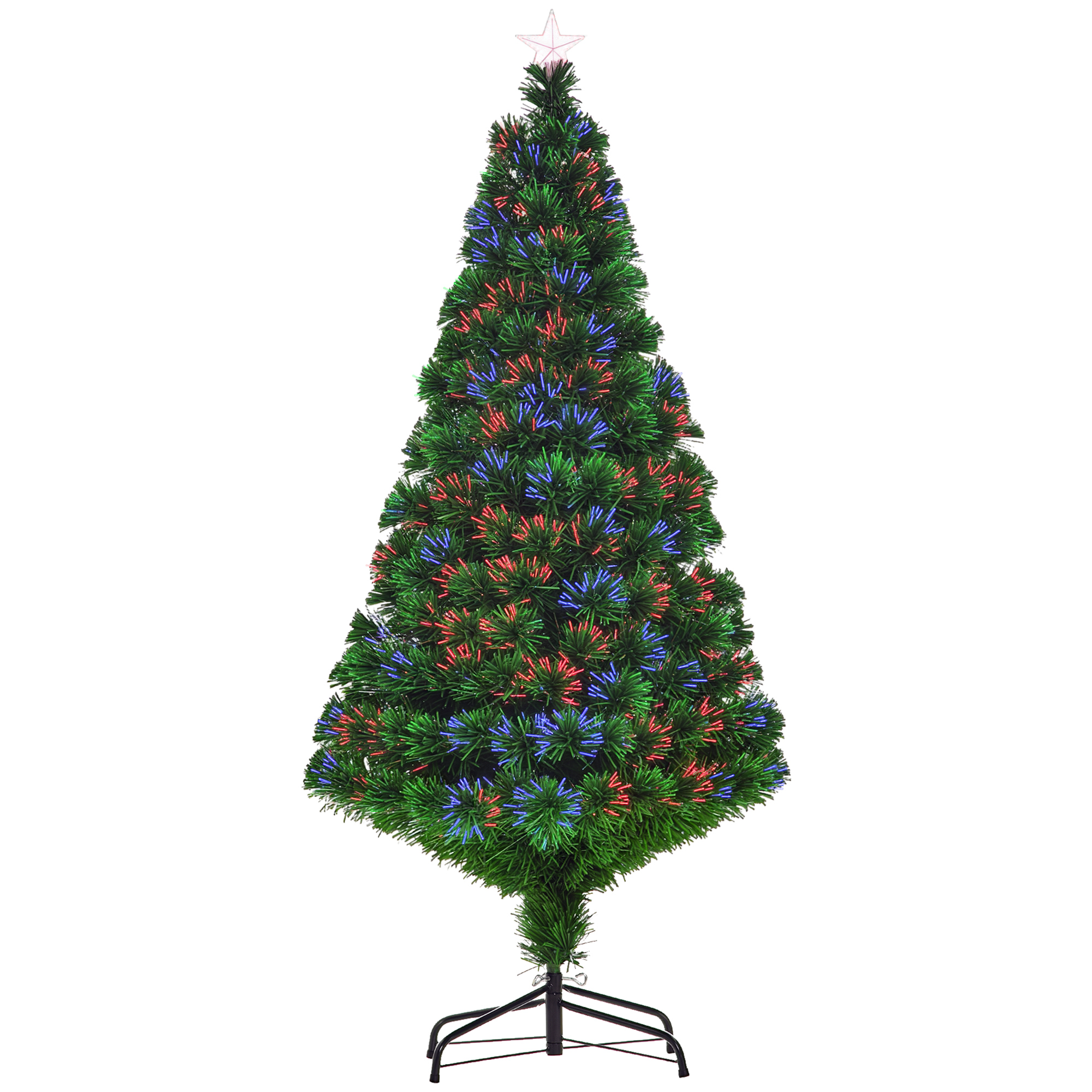 Künstlicher Weihnachtsbaum Mit Lichterkette, 150 Cm Hoch, Mehrfarbige Glasfaserbeleuchtung + Ständer, 180 Zweige, Sternspitze, Leuchtend Grün