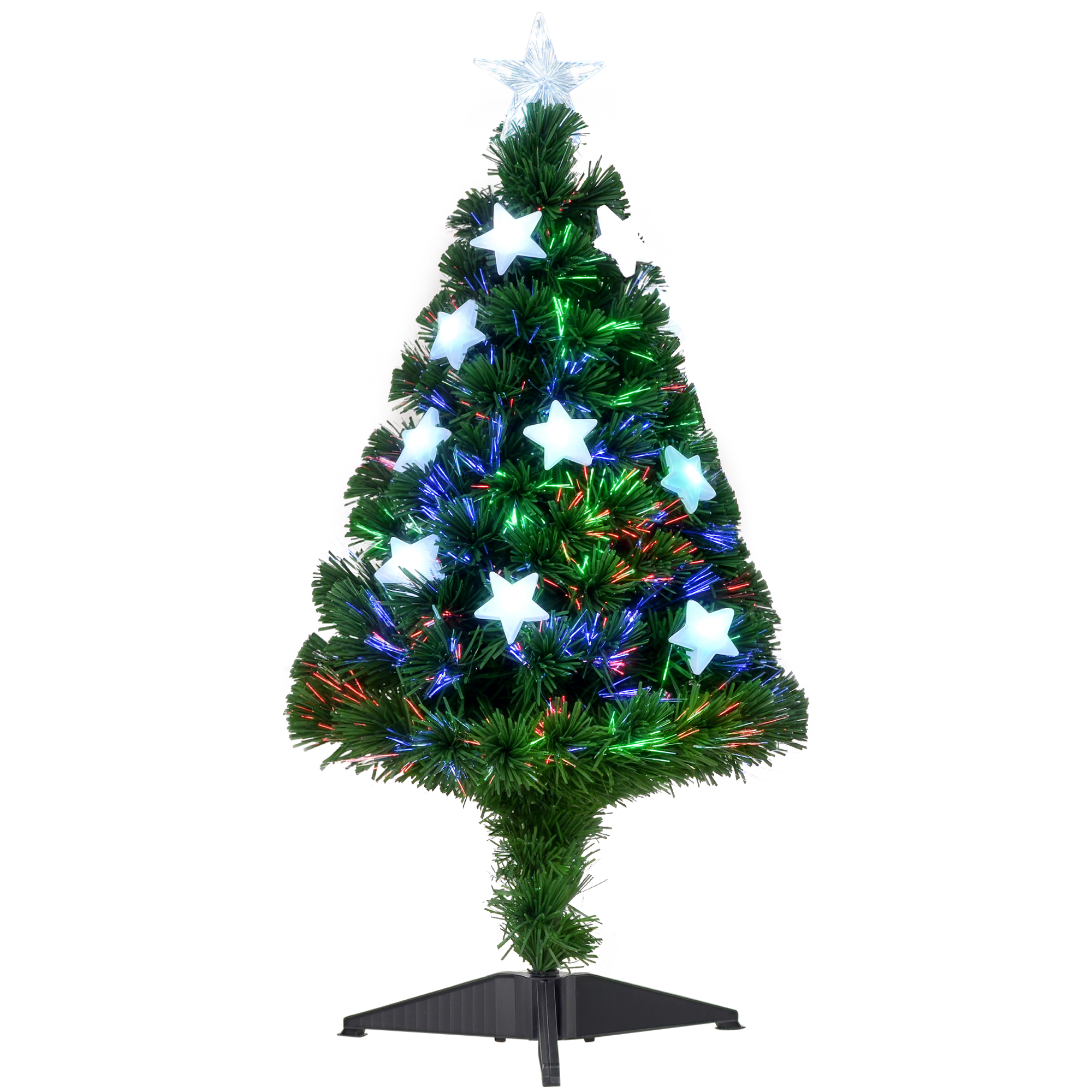 Künstlicher Weihnachtsbaum Mit Lichterkette, 90 Cm Hoch, Mehrfarbige Led-lichtleiter + Ständer, 90 Zweige, Sternspitze, Glänzend Grün