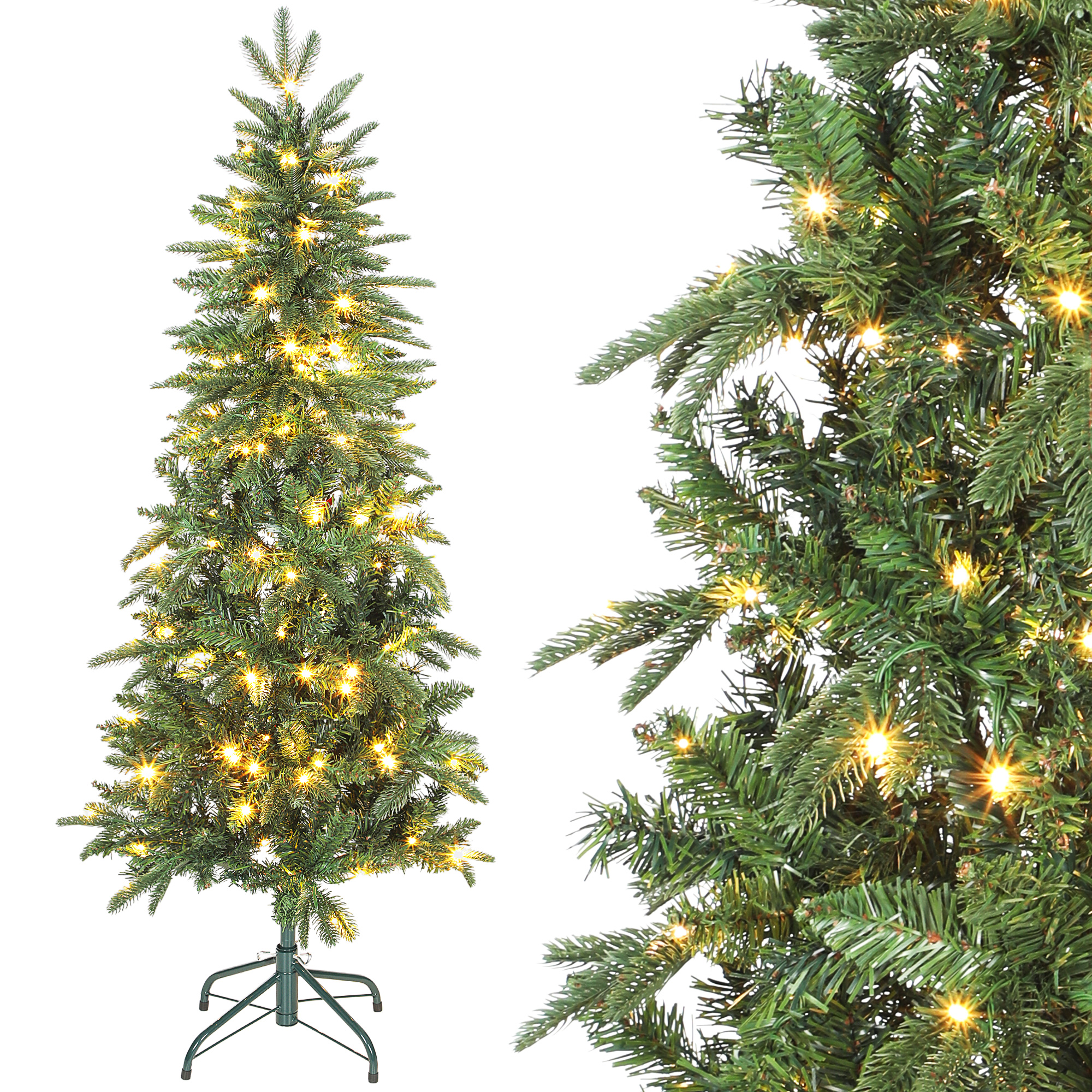 Künstlicher Weihnachtsbaum, 150 Cm, Schlanker Weihnachtsbaum Mit 150 Lichtern, 8 Beleuchtungsmodi, 431 Bewegliche Zweige, Grün