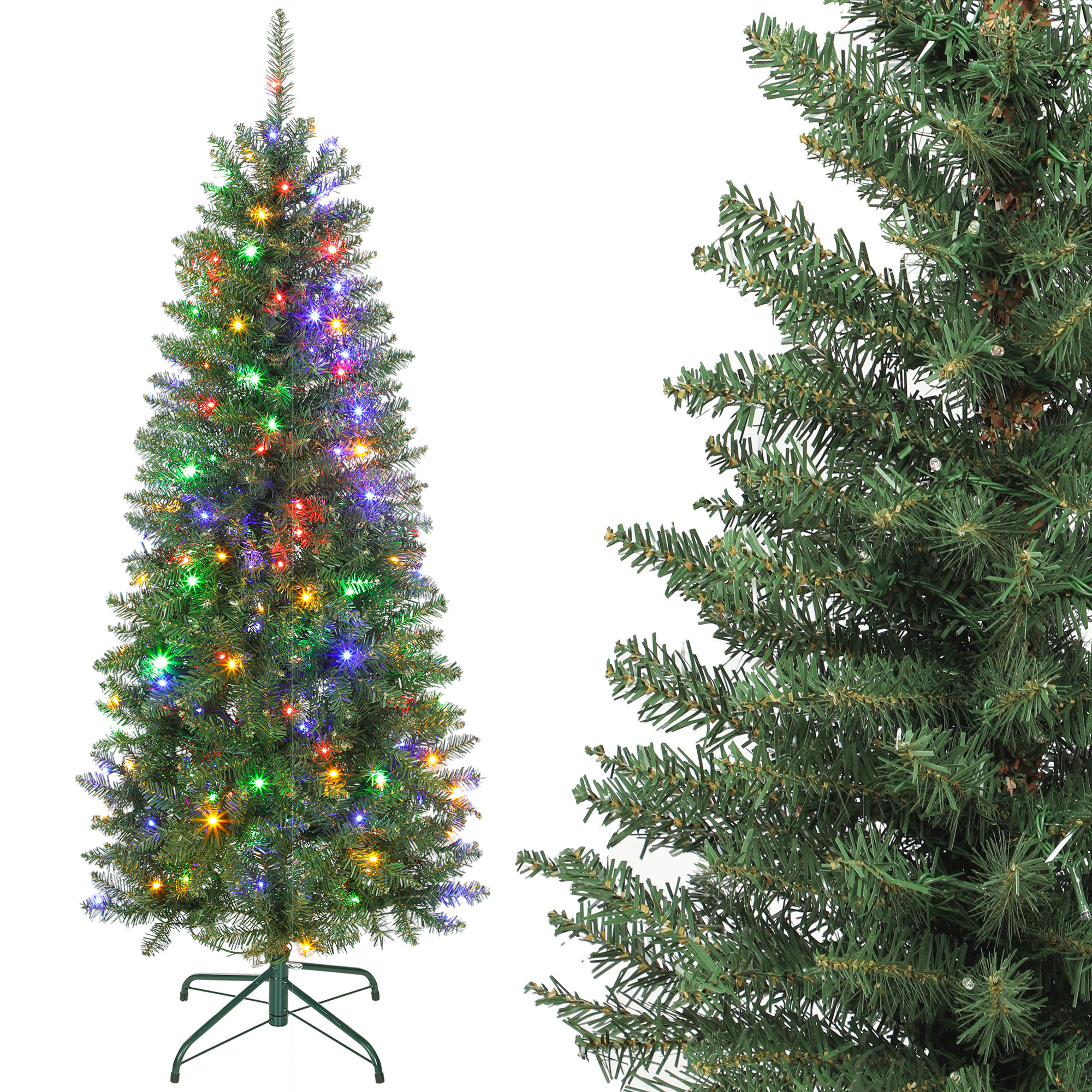 Künstlicher Weihnachtsbaum, 150 Cm, Schlanker Weihnachtsbaum Mit 170 Lichtern, 635 Zweigen, Faltbarem Metallständer, Grün