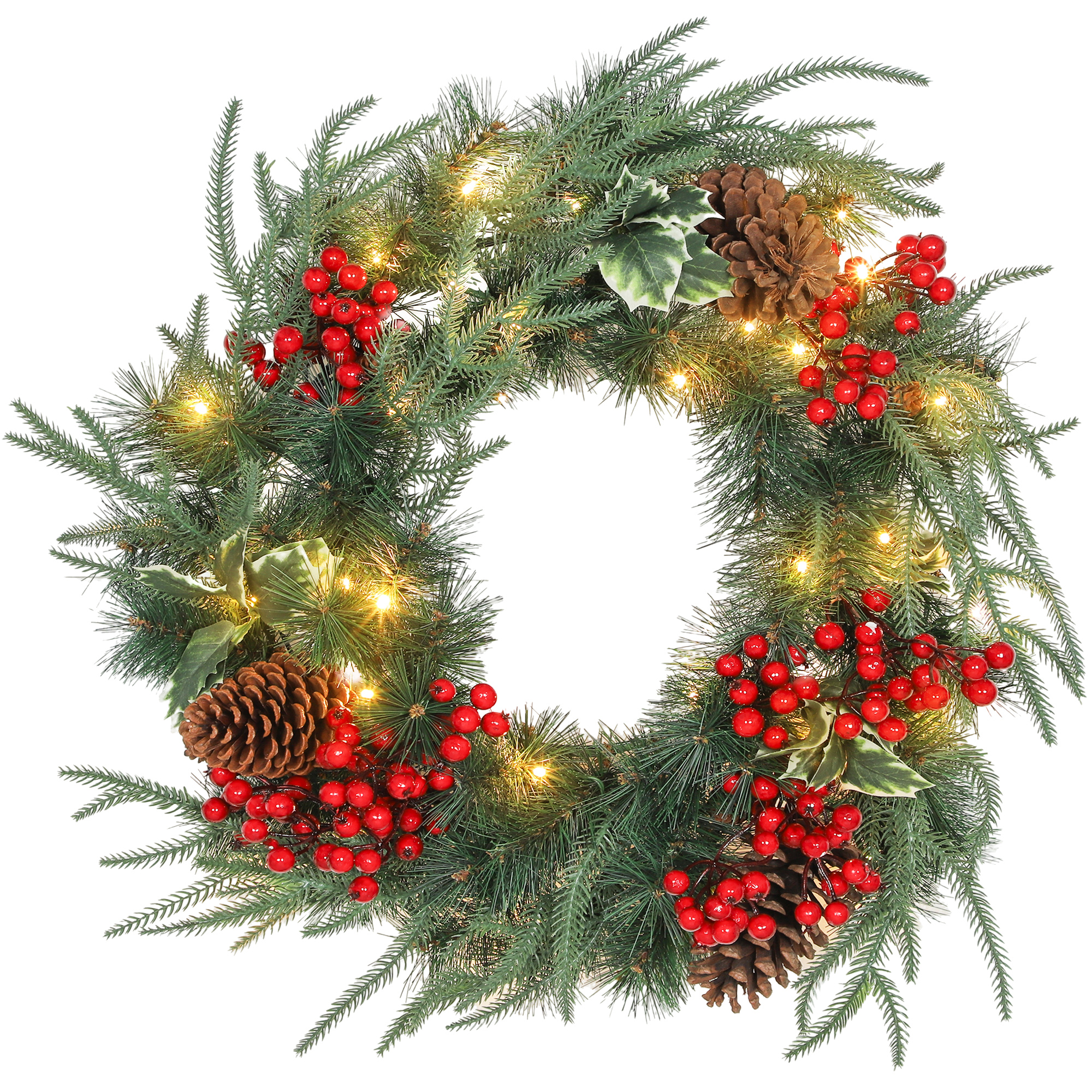 60 Cm Großer, Beleuchteter Weihnachtskranz Mit 35 Leds, Timer, 170 Zweigen, Tannenzapfen, Beeren, Stechpalmenblättern Und Grün