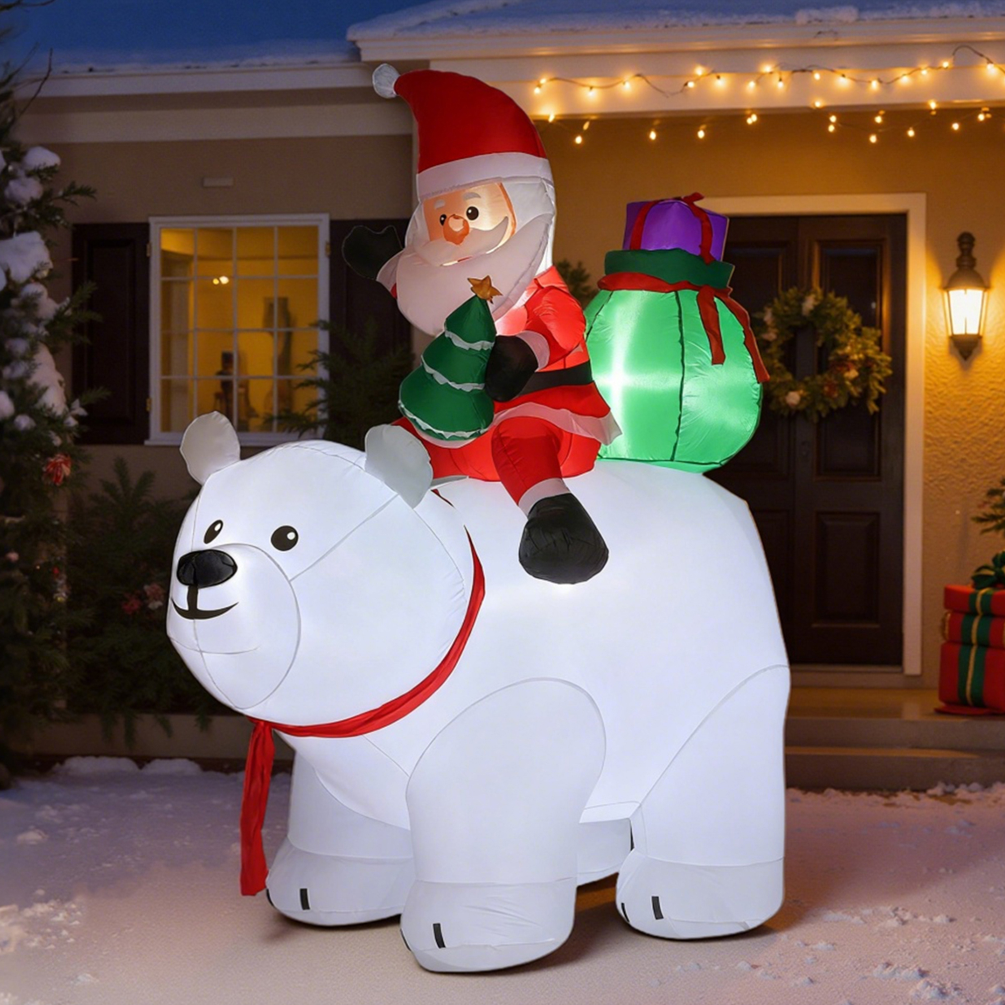 Aufblasbarer Weihnachtsmann Auf Einem Eisbären, 200 Cm, 5 Led-lichter, Weihnachtsdekoration Für Drinnen Und Draußen, Weiß