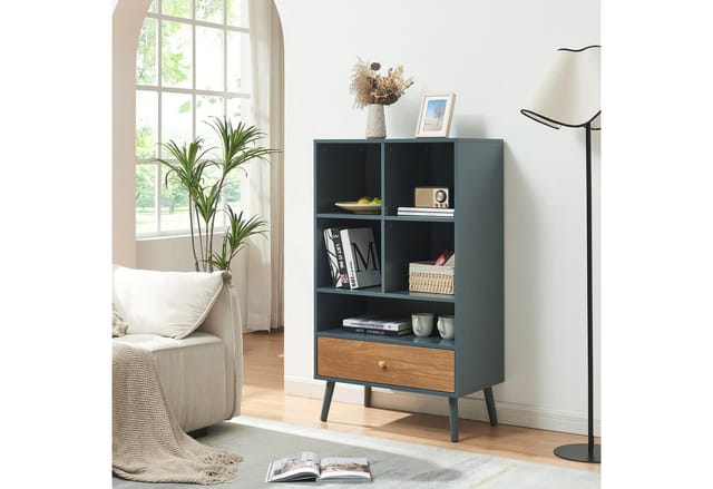 Bücherregal mit Schublade Reyljand 120x70x40 cm Grau/Eicheoptik [en.casa]