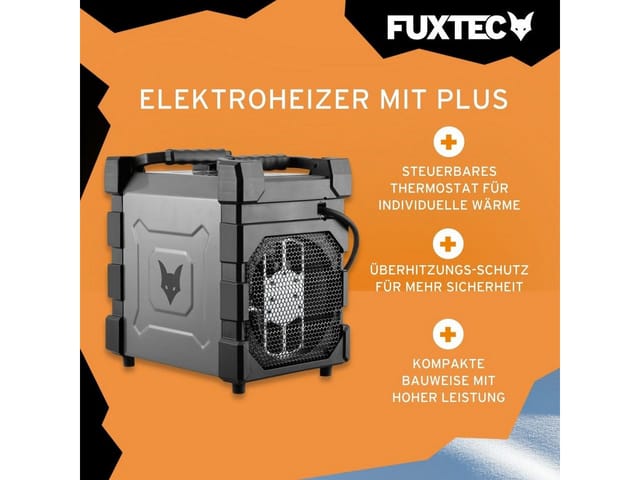 FUXTEC Elektroheizer FX-EH2, Heizlüfter mit 2000W Leistung, Thermostatregelung, Überhitzungsschutz, Luftdurchsatz 284 m³/h, IP24 Schutzklasse