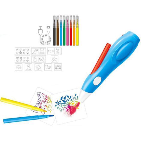 Elektrischer Farbstift – 8 Ungiftige, Wasserlösliche Stifte – 13 Kunststoffschablonen Ohne Scharfe Kanten – Ideal Für Kinder Ab 6 Jahren – Komplettset ×1