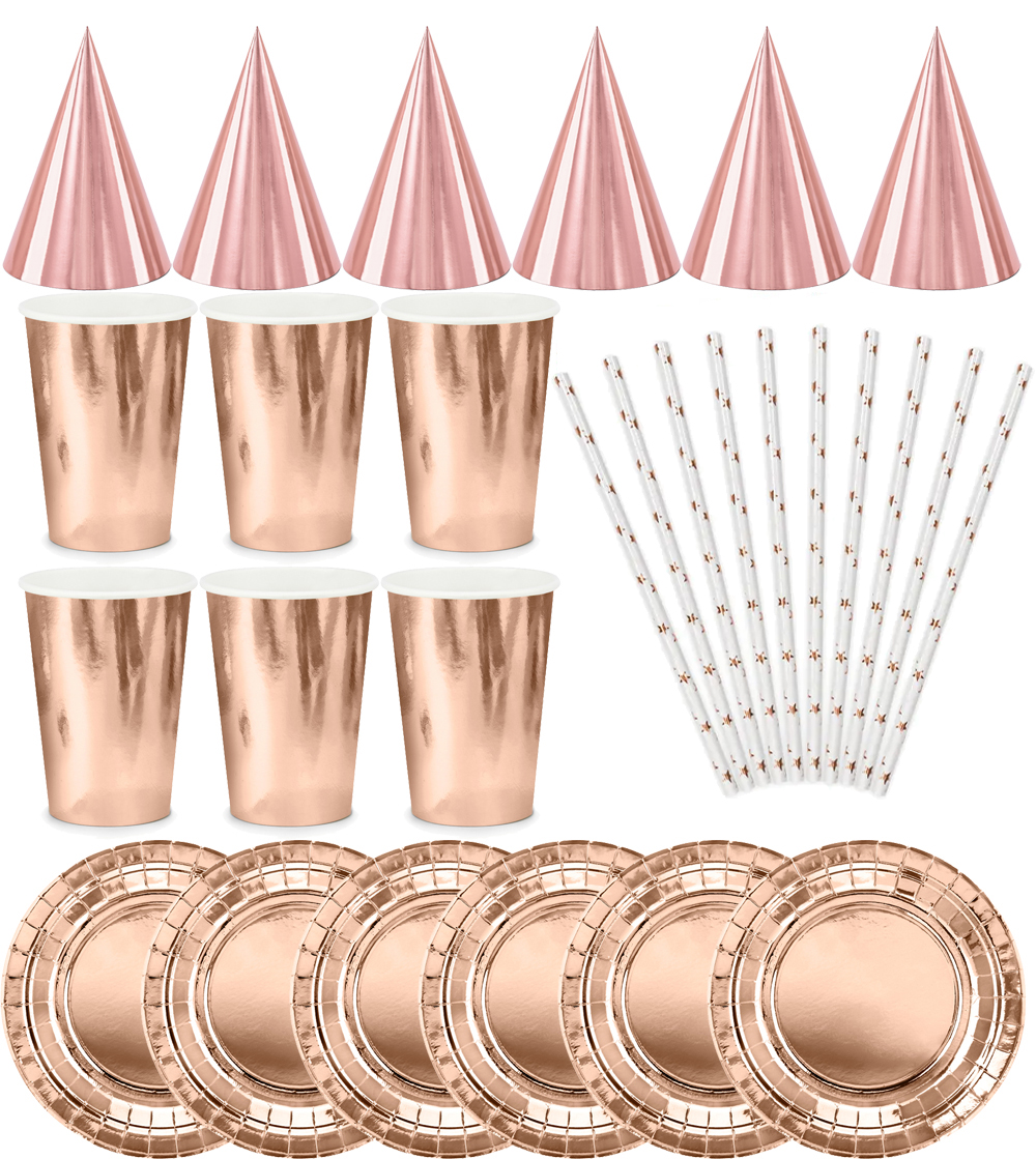 Set: Tassen, Teller, Strohhalme, Roségold