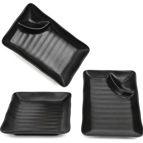 Set Aus 3 Japanischen Gyoza-tellern Mit Soßenfach, 19 X 11,5 Cm Große Rechteckige Servierschalen Aus Schwarzem Melamin, Für Sushi-rollen, Vorspeisen, Snacks Und Zum Kochen Zu Hause