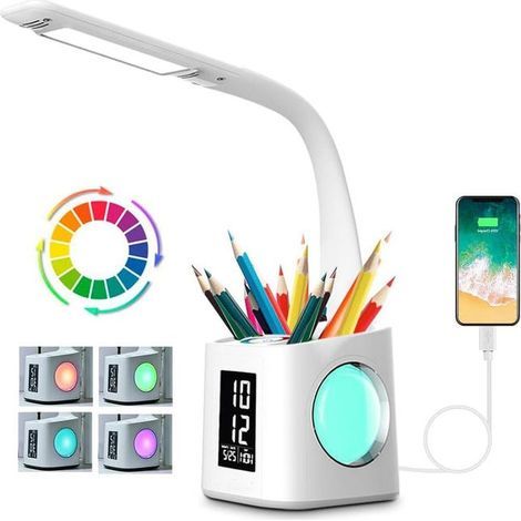 Led-schreibtischlampe Mit Stifthalter/uhrzeit-/kalenderanzeige, 10 W, Weiß