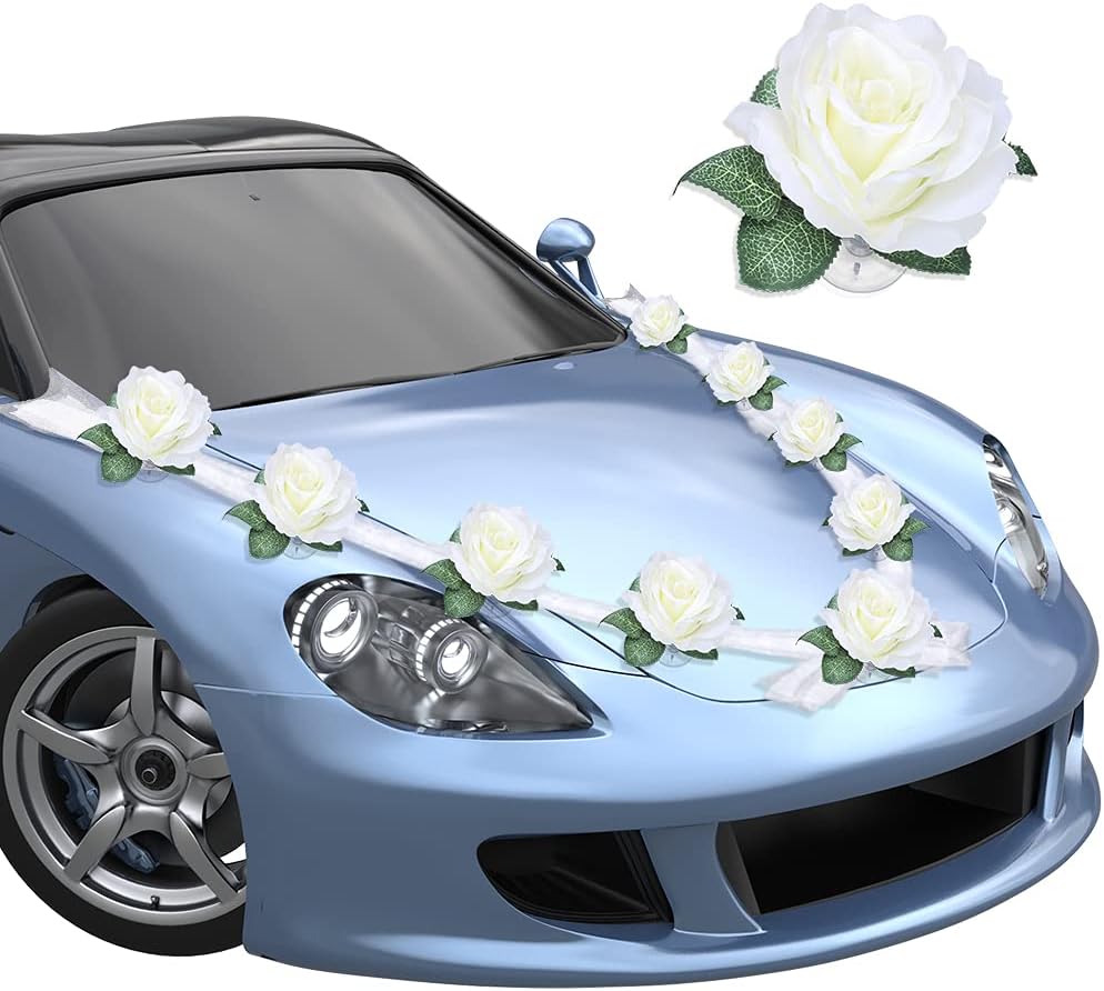 Hochzeitsauto-dekoration, Autoschmuck, Tülldekoration, Brautpaar, Rosendekoration, Hochzeitsauto-kränze, Hochzeitsdekoration, Hochzeitsauto-dekoration Mit 9 Rosen, 2 X 1,6 Meter Lang, Weiß