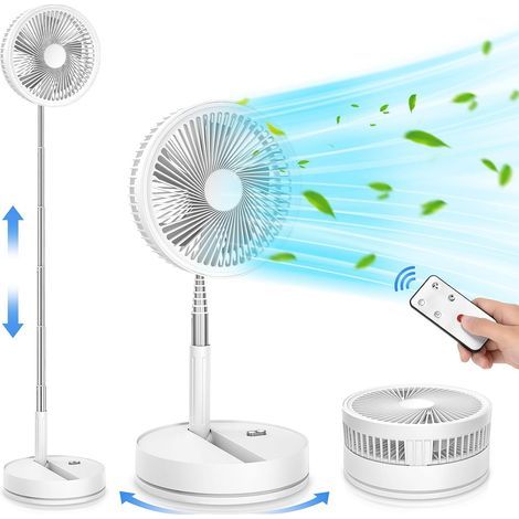 Leiser, Tragbarer Standventilator, 23 Cm (9 Zoll), Weiß, Mit Fernbedienung, 4 Geschwindigkeitsstufen/timer – Oszillierender Ventilator Für Boden/couchtisch, 7200 Mah, Usb-aufladbar, Faltbar, Für Büro