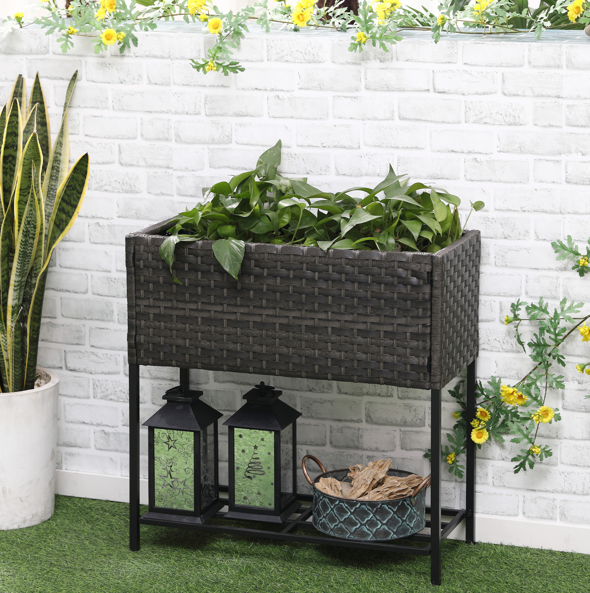 Hochbeet Blumenkasten Aus Polyrattan Mit Füßen Und Ablage, 70 X 30 X 72 Cm, Braun Havrya