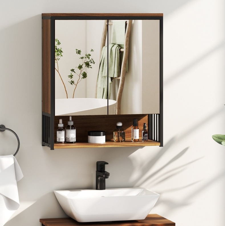 Badezimmer-hängeschrank Mit Spiegel, Mdf Und Spanplatte, Braun Havrya