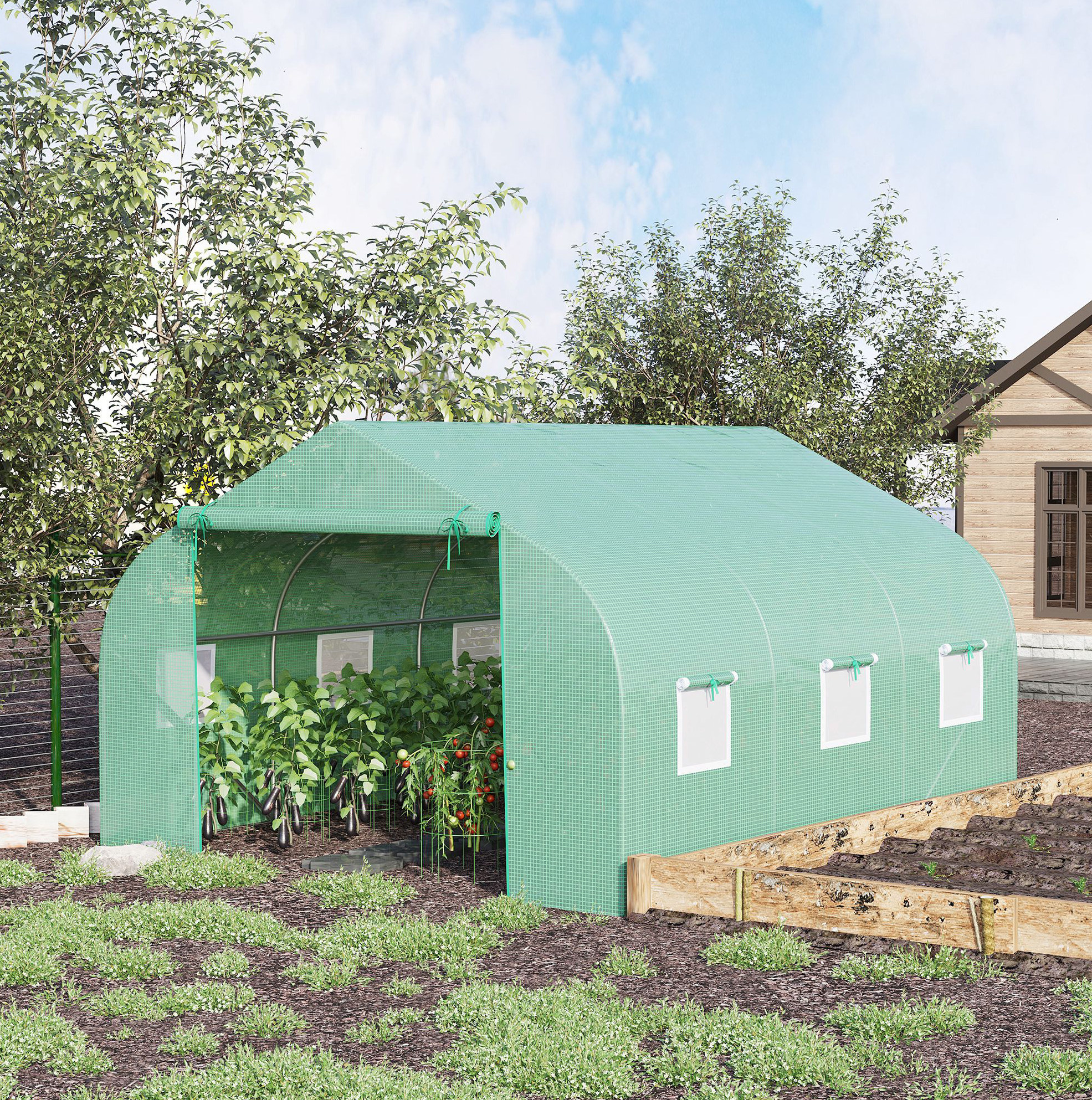 Gartengewächshaus 350 X 300 X 200 Cm Mit Schrägdach, Grüne Kunststoffplane Havrya