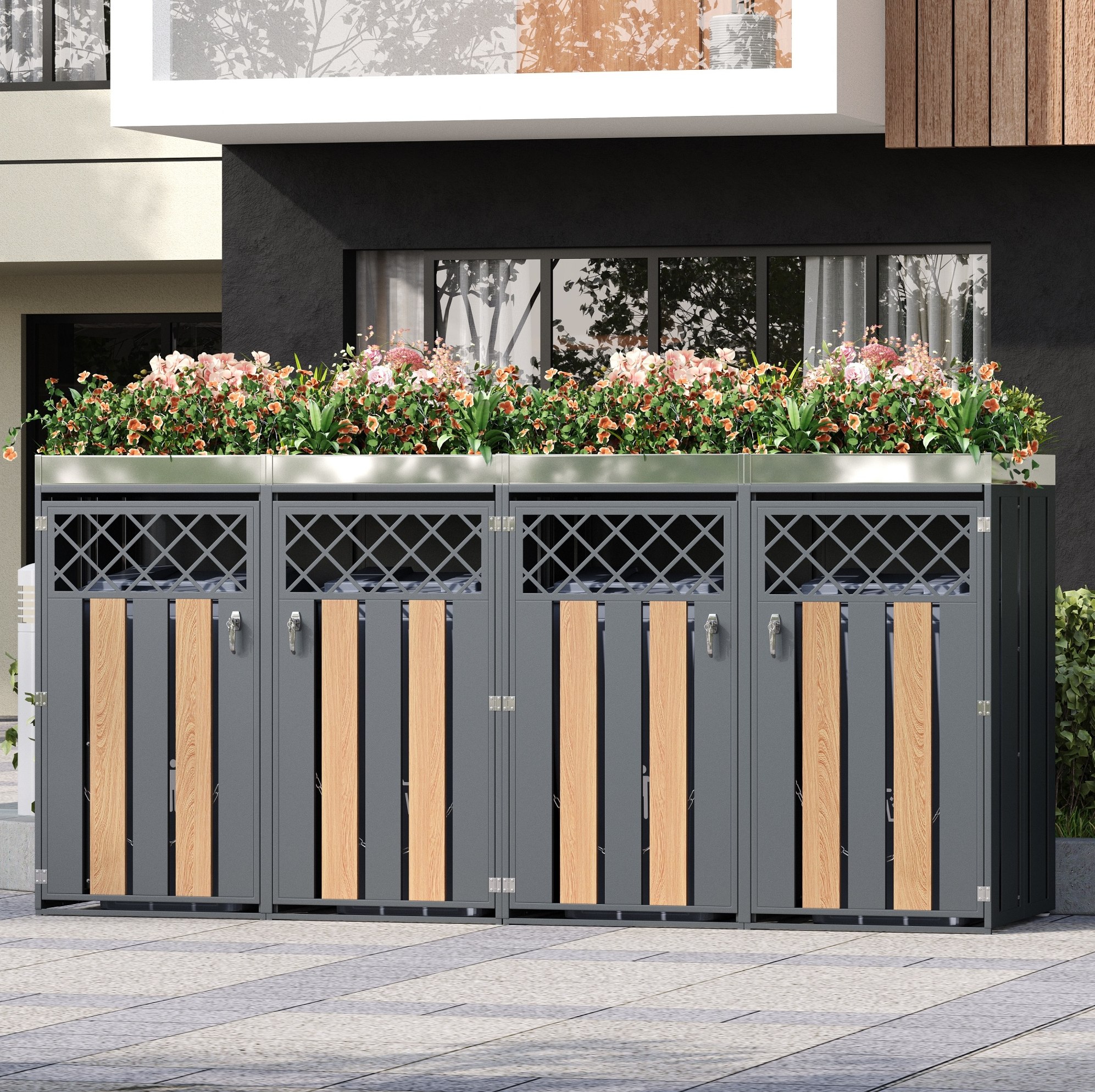 Mülltonnenverkleidung 4 Türen 132 X 80 X 124,5 Cm Mit Pflanzkasten Grau Und Holz Havrya