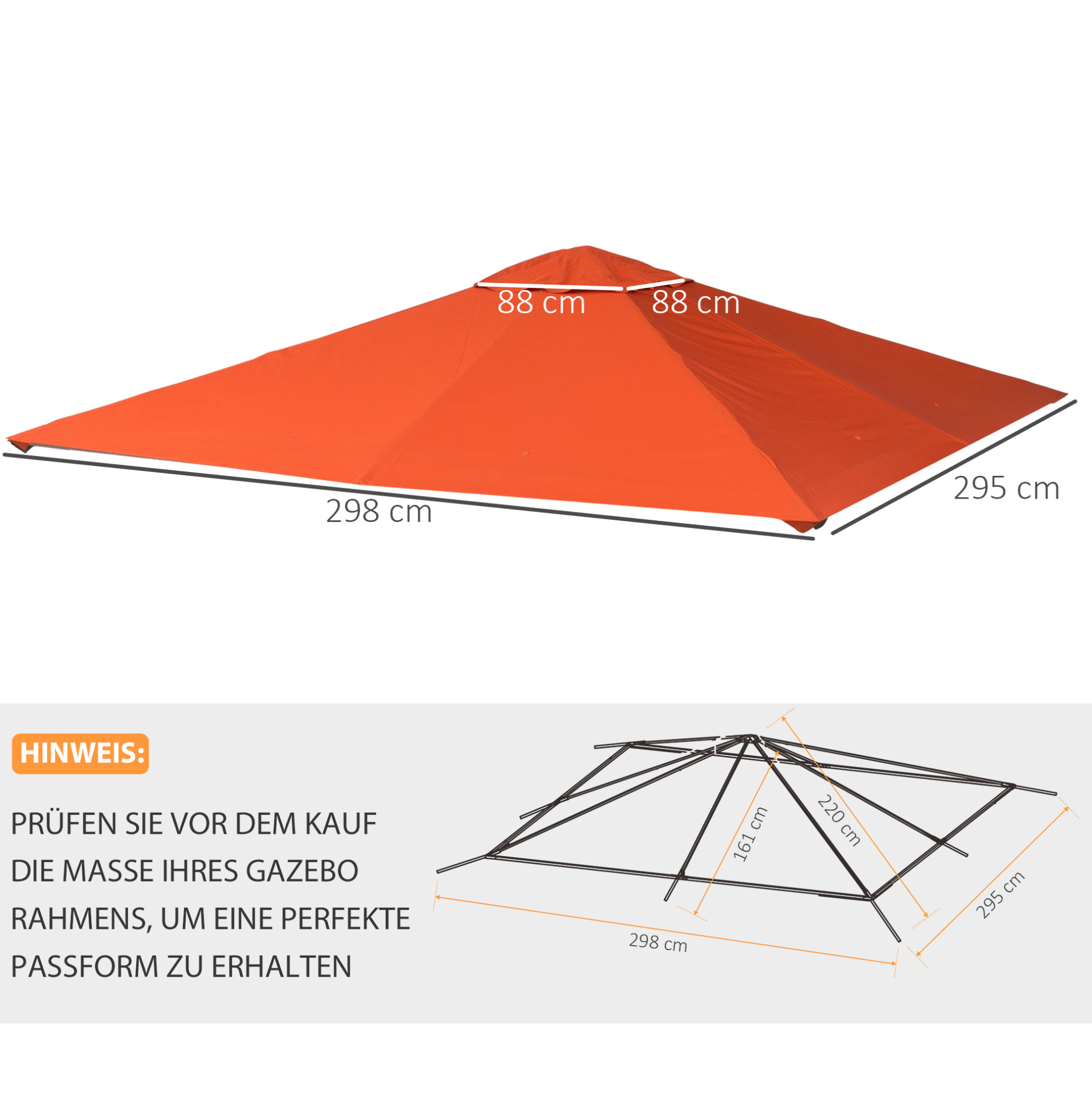 Pavillon-dachplane 298 X 295 Cm Aus Polyester, Orange Havrya