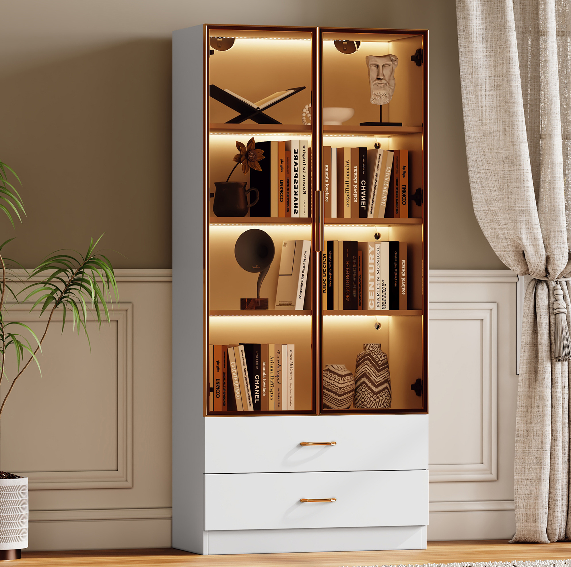 Hoher Badezimmerschrank 75 Cm Mit Licht, 2 Großen Schubladen Und 2 Türen, Weiß Havrya