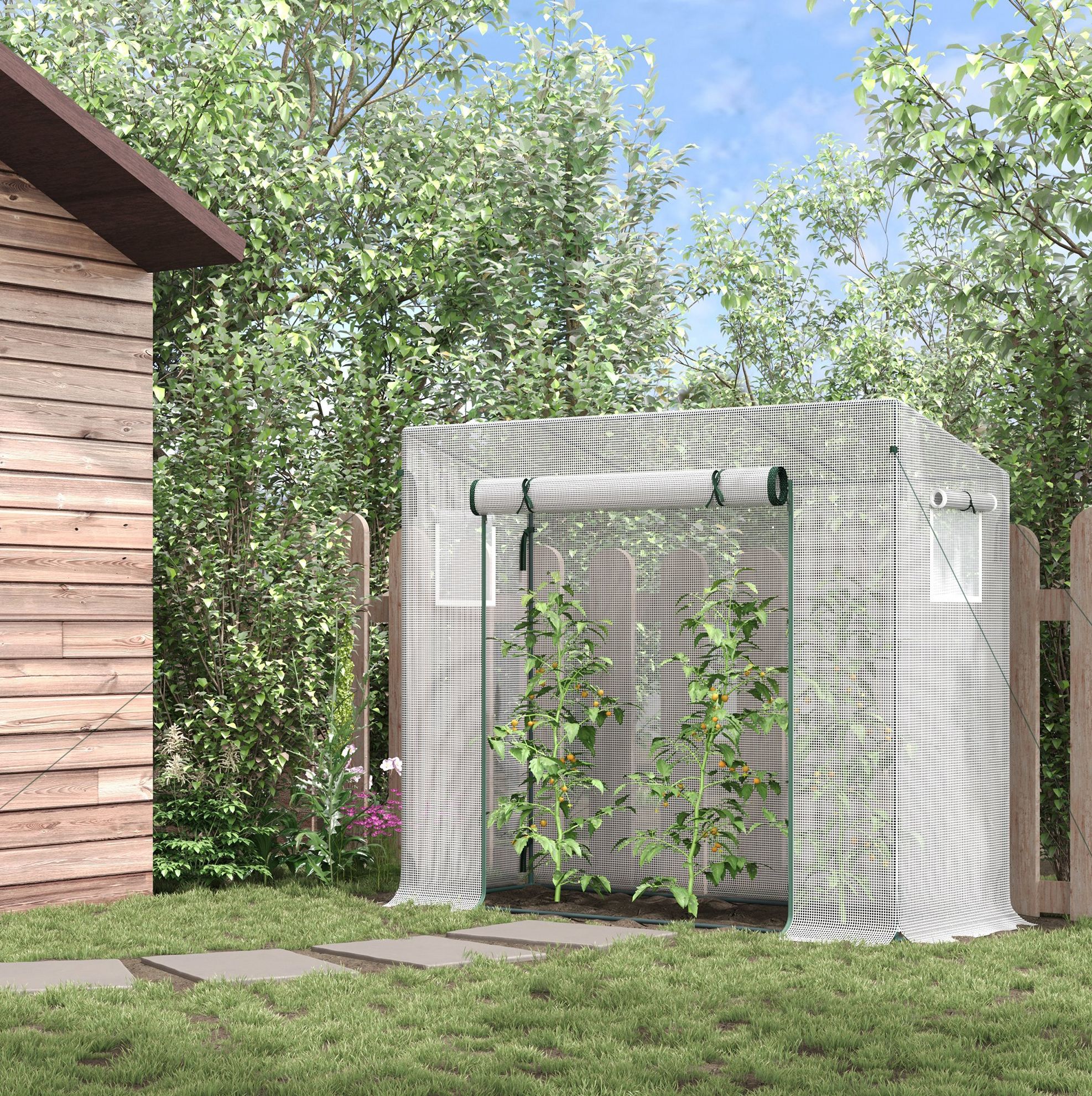 Gartentunnel-gewächshaus 200 X 76 X 168 Cm Mit Aufrollbarer Tür Und Seitenfenstern