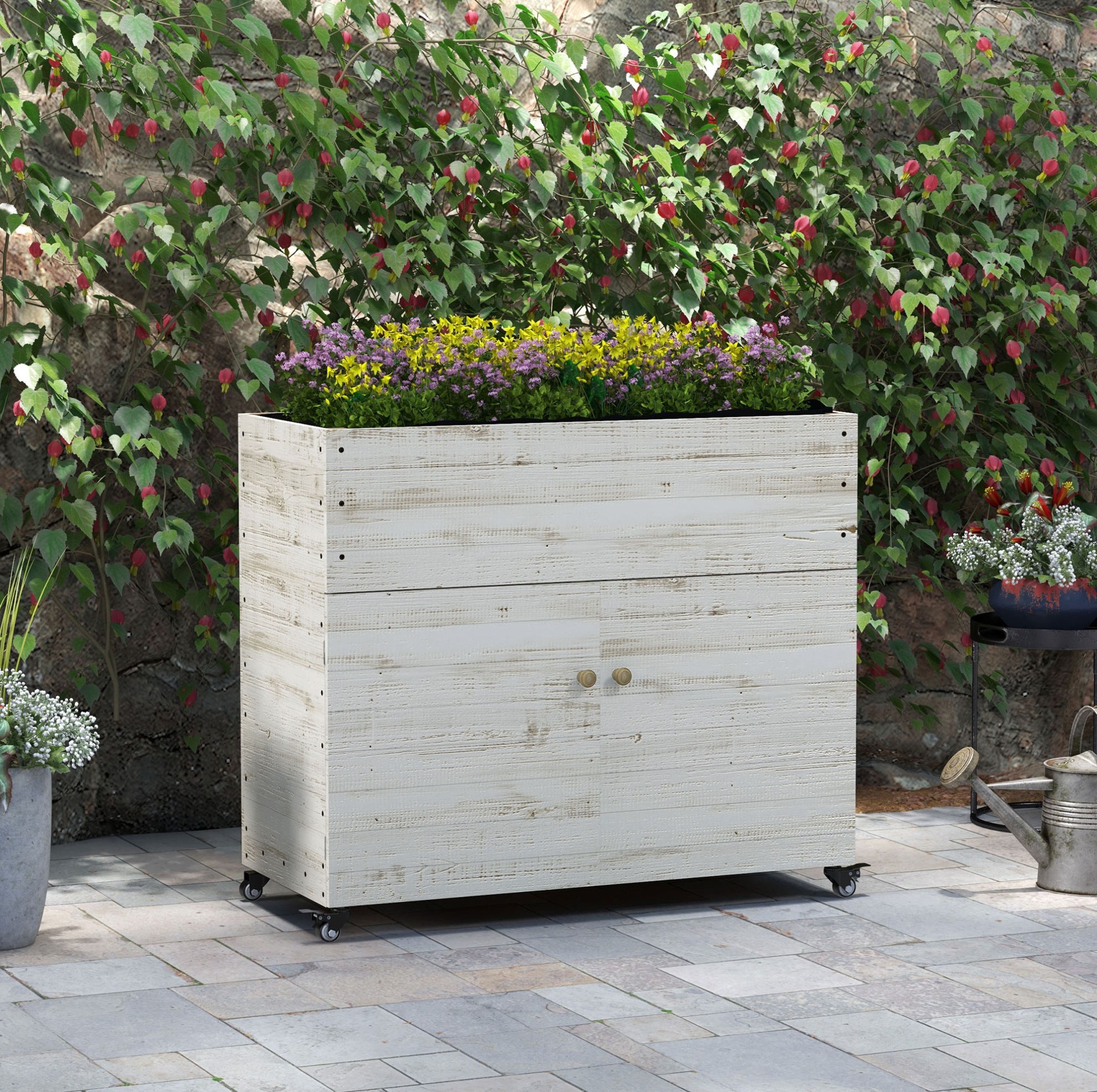 Hochbeet Aus Holz Mit Stauraum Und Rollen, 110 X 50 X 95 Cm, Weiß Havrya