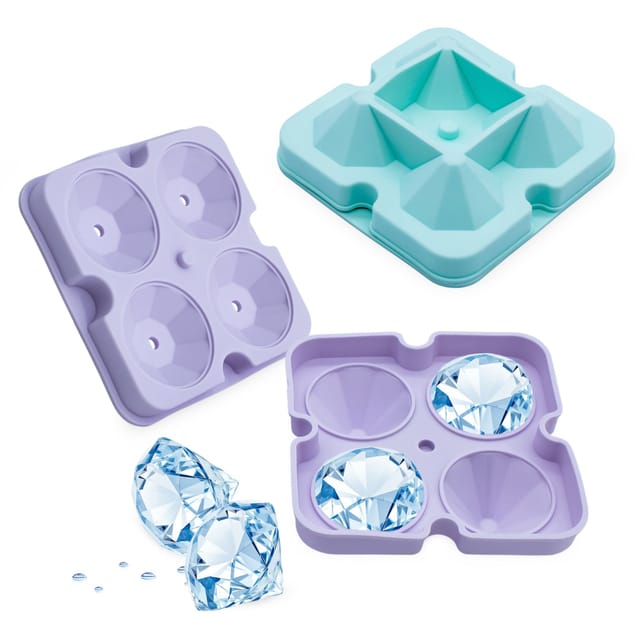 Silikon 4er Eiswürfelform XL Diamant je 5 cm - 2er Set - Eiswürfelschale mit Deckel für 4 große Kristalle