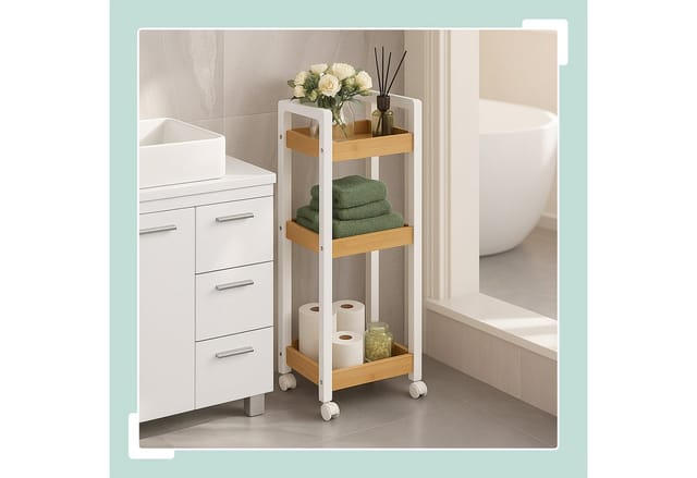 Relaxdays Rollwagen, 3 Fächer, Bambus, HBT: 80x30x20 cm, Bad & Küche, MDF, schmaler Nischenwagen, Trolley, natur/weiß