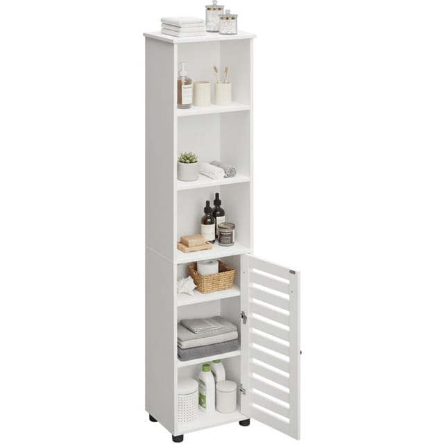 Relaxdays Badezimmerschrank mit Tür, HBT: 167x30x40 cm, 6 Fächer, Toilettenschrank, hoch & schmal, Bad Hochschrank, weiß