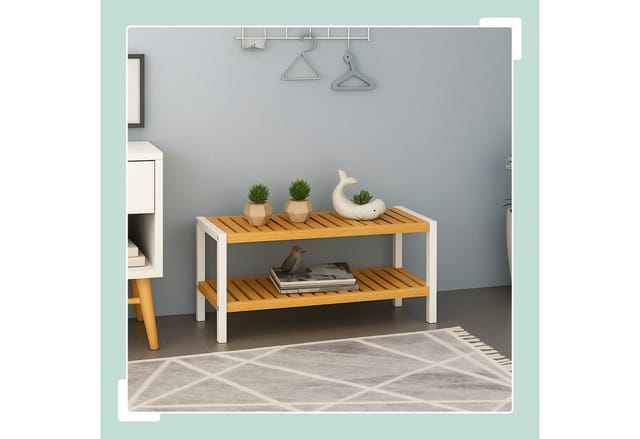 Relaxdays Schuhregal, HxBxT: 33 x 70 x 26 cm, Bambus, 2 Ebenen, 6 Paar Schuhe, Schuhständer Gitterablagen, natur/weiß
