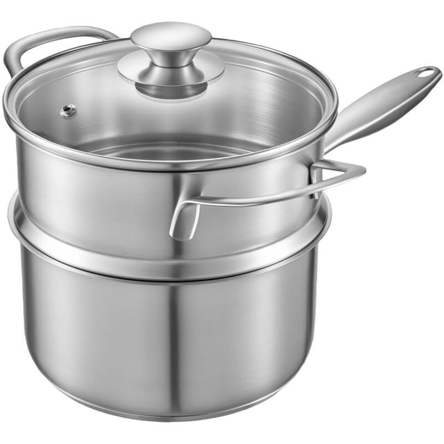 Mophorn Großer Kochtopf 1,42 L mit Glasdeckel und Dampfeinsatz, Suppentopf aus Edelstahl mit ergonomischem Griff, vielseitig einsetzbarer Milchtopf