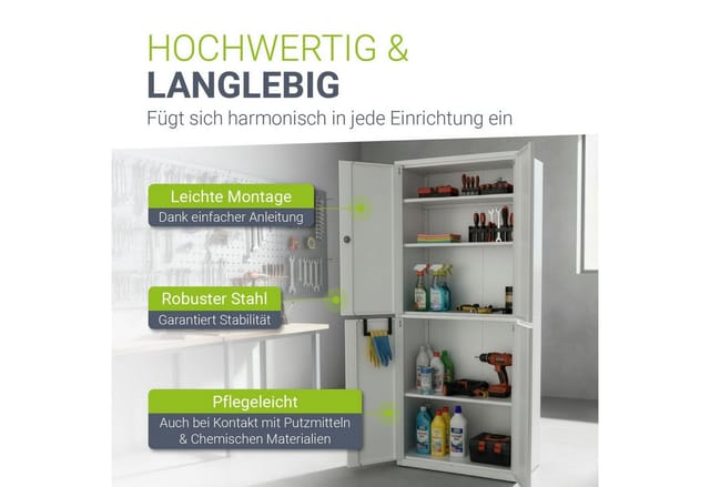 Juskys Aktenschrank aus Metall – 180x80x40 cm abschließbarer Büroschrank aus Stahl mit 2 Türen & 3 verstellbaren Einlegeböden, höhenverstellbare Füße
