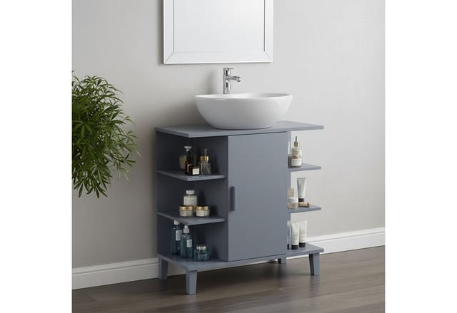 Relaxdays Waschbeckenunterschrank mit Tür und 6 Ablagen, HBT: 65x64x31 cm, MDF, Badunterschrank Waschbecken, grau