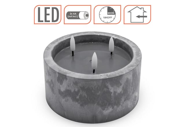 LED 3-Docht Kerze in Beton Optik mit Timer batteriebetrieben - 15 x 8 cm - Künstliche Kerze im Keramik Gefäß mit 3 Flammen in warm weiß
