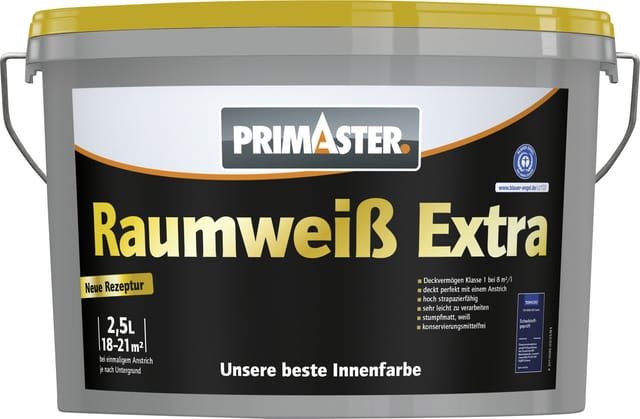 Primaster Raumweiß Extra Wandfarbe matt weiß konservierungsmittelfrei 2,5 L Innen