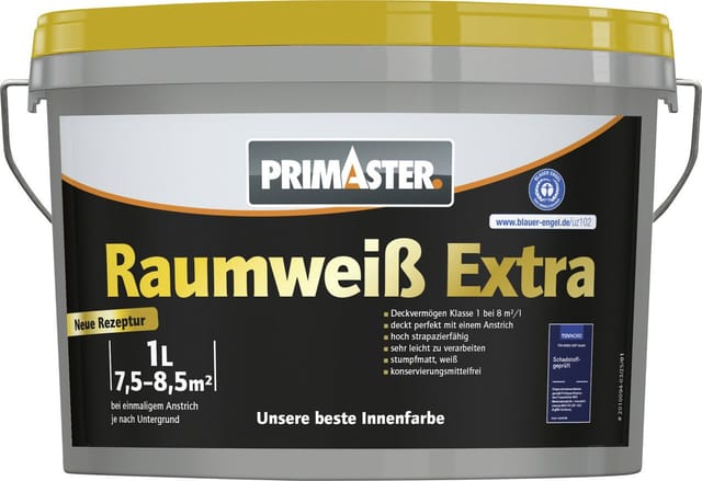 Primaster Raumweiß Extra Wandfarbe matt weiß konservierungsmittelfrei 1 L Innen