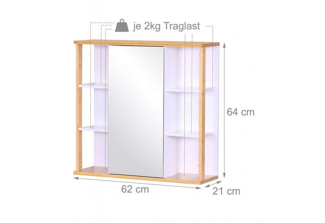 Relaxdays Spiegelschrank, 6 Ablagen, 2 Innenfächer, HxBxT: 64 x 62 x 21 cm, Wandmontage, Bad Hängeschrank, weiß/ natur
