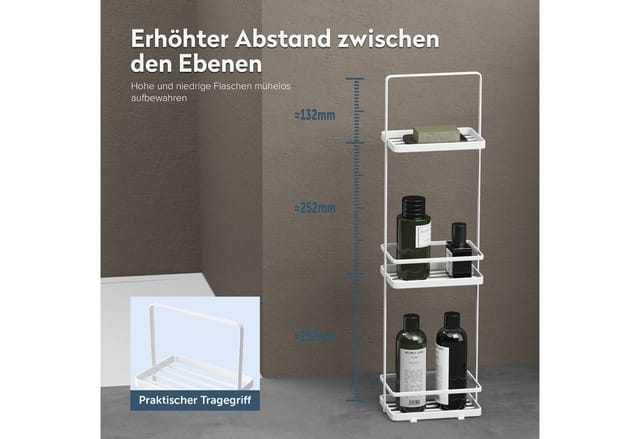doporro Duschablage ohne Bohren, 3 Ebenen Badregal Stehend, Duschregal Schmales aus Metall, Modernes Design für Badezimmer und Toilette, Weiß