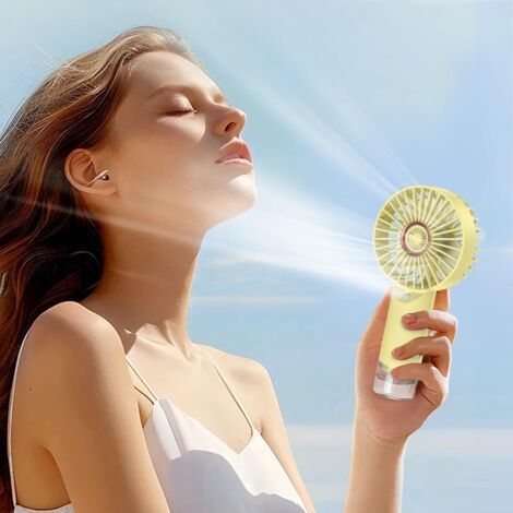 Tragbarer, Wiederaufladbarer Handventilator Mit Sprühfunktion, 3 Geschwindigkeitsstufen, Ideal Für Reisen, Strand Und Büro, Gelb