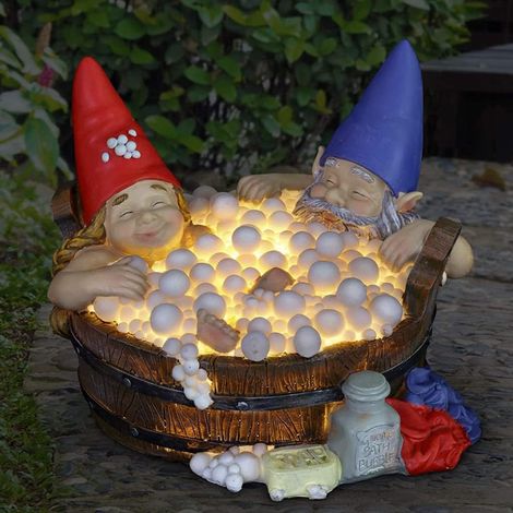 Gartenzwerg-statue – Solarbetriebene Gartendekoration Aus Kunstharz Mit Integrierter Beleuchtung – Zwei Zwerge In Der Badewanne – 1 Stück