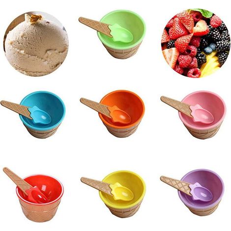 Eisbecher-set Mit 7 Bunten, Runden Schalen Mit Süßigkeitenmotiven Und Löffel – Für Kinder – Für Zuhause Und Partys