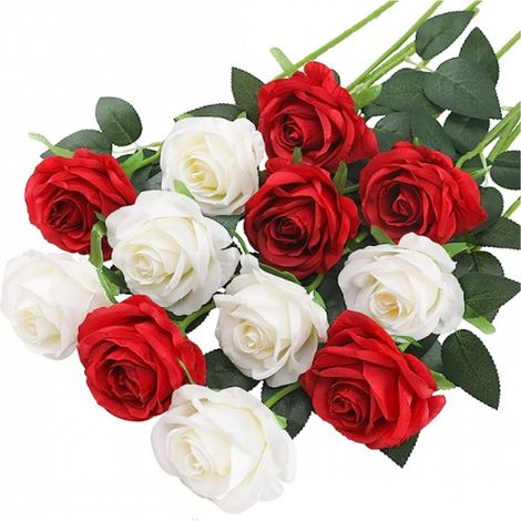 Künstliche Rosen – Seide – Langstielig – Weiß Und Rot – Innendekoration Für Hochzeiten, Partys Und Zuhause – 12er-pack