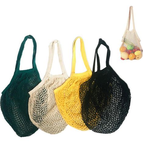 Baumwollnetzbeutel – Lange Henkel (25 Cm) – Wiederverwendbar Für Einkauf, Obst, Gemüse, Markt – 5er-pack