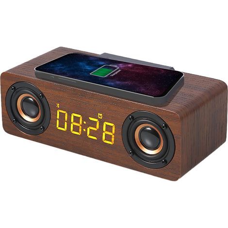 Bluetooth-wecker Mit Lautsprecher Aus Holz, Ukw-radio, Kabelloser Induktionsladung Für Smartphones, Usb-ladeanschluss, Einstellbarer Helligkeit, Digitalwecker Mit Led-anzeige, 425024