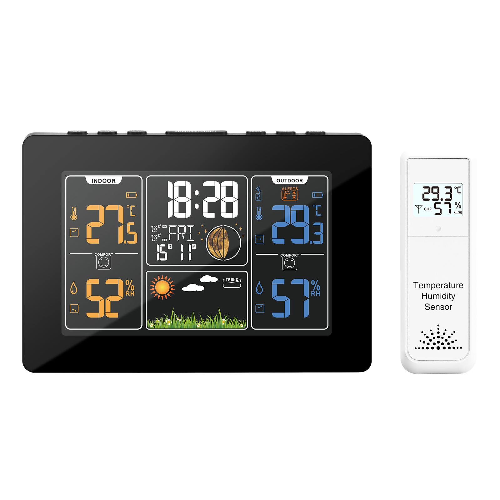 Eine Drahtlose Wetterstation Mit Dcf-außensensor, Ausgestattet Mit Farbdisplay, Digitalem Thermometer, Hygrometer Und Zeitanzeige, Geeignet Für Innen- Und Außenbereiche In Wohnungen Und Büros.