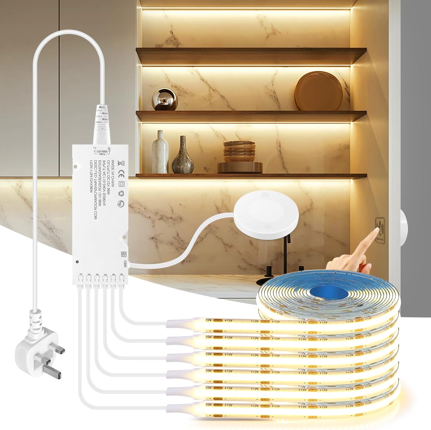 12v Cob Led-lichtleiste, 6 Streifen À 1 Meter Warmweiße Cob-led-lichtleisten, Mit Touch- Und Gesten-dimmschalter, Geeignet Für Schränke, Vitrinen Und Küchenbeleuchtung.