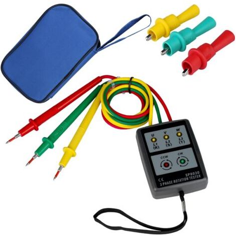 Phasenfolgeprüfer, Drehfeldprüfer, Digitale Phasenanzeige: Drehfeldprüfer Zur Erkennung Der 3-phasen-phasenfolge Mit Krokodilklemmen Und Akustischem Signalgeber, Ac 60 V–600 V