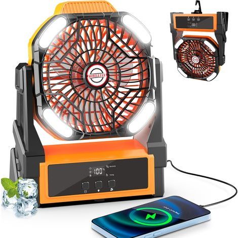 20000mah Akku-betriebener Campingventilator, Leistungsstark Und Leise Mit Led-licht Und Haken, 4 Einstellbare Geschwindigkeiten, Tragbarer, Wiederaufladbarer, Kabelloser Usb-ventilator Für Zelte Und B