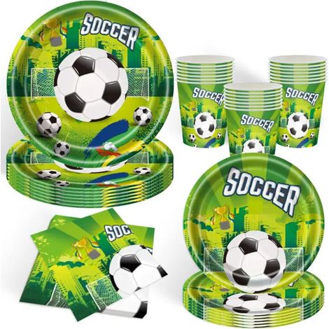 Klvgtifs Pu – Set Mit 50 Tellern, Bechern Und Servietten Im Fußballdesign Für Fußballpartys Mit 10 Gästen. Kinderfußballparty