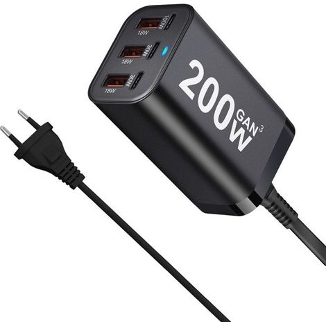 Klvgtifs Pu – 200-w-schnellladegerät Mit 6 Usb-c-anschlüssen – Gan-netzteil Für Iphone 14/13/12, Galaxy S23/s22/s21, Schwarz