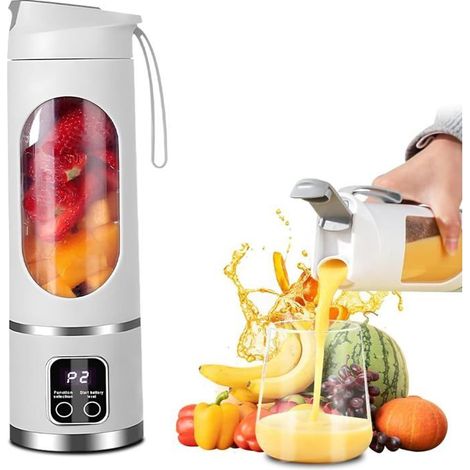 Klvgtifs Pu – Tragbarer Smoothie-mixer, 450 Ml, Wiederaufladbarer Mini-smoothie-mixer Mit 12 Klingen, Led-display, Weiß